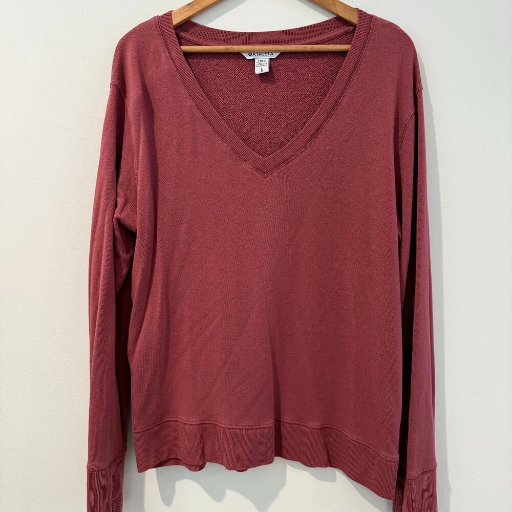 Athleta Terracotta Rose V-Neck Sweatshirt Pullover with Thumbholes - Size L